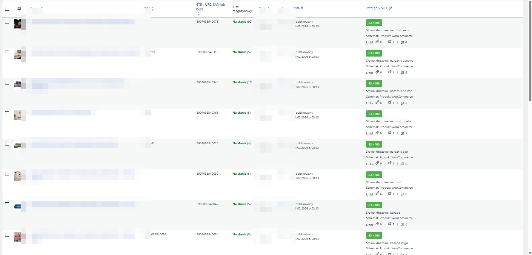 Lista produktów sklepu z oceną SEO na zielono